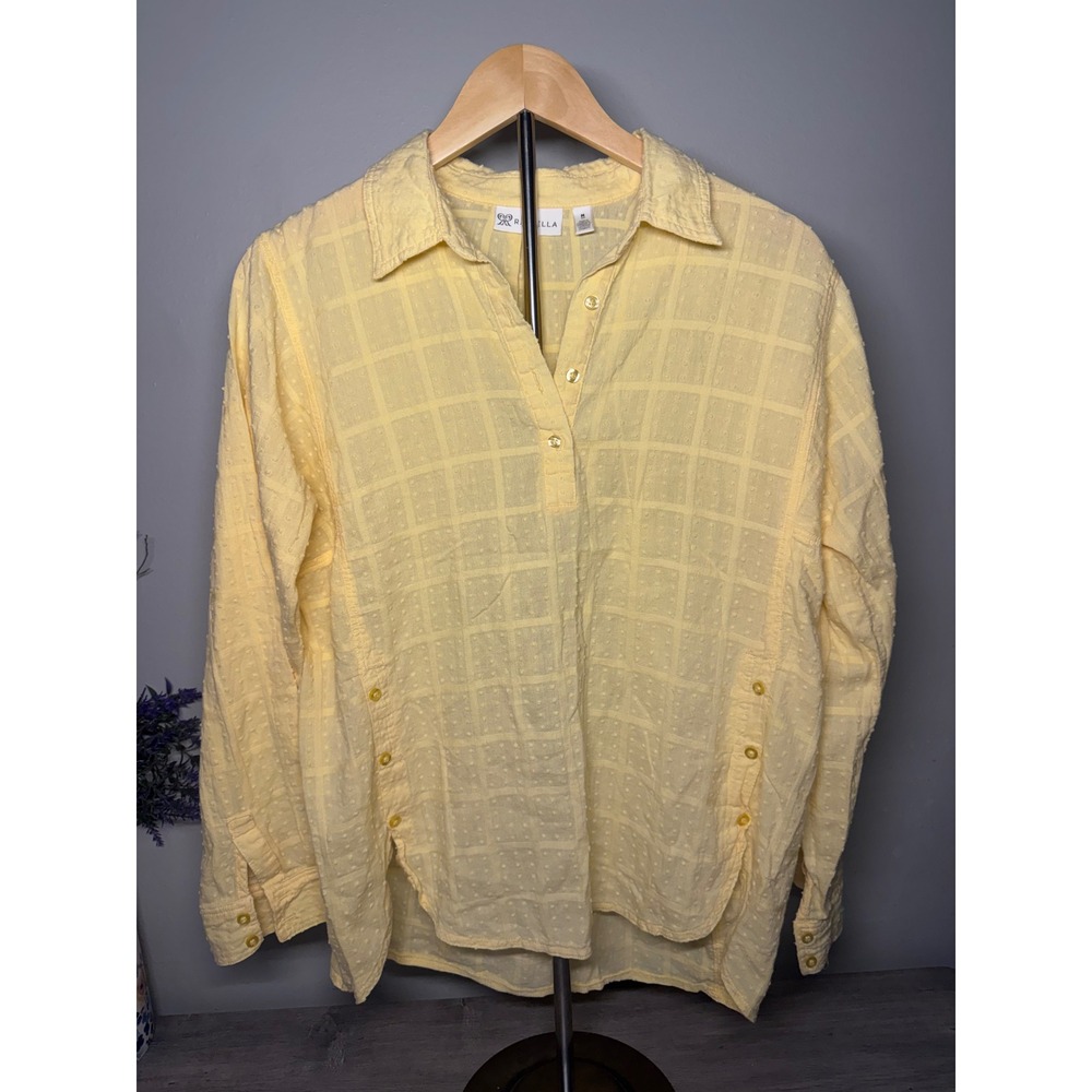 Rafaella Yellow Swiss Dot Grid Cotton Button Up Top Long Sleeve Women Medium
